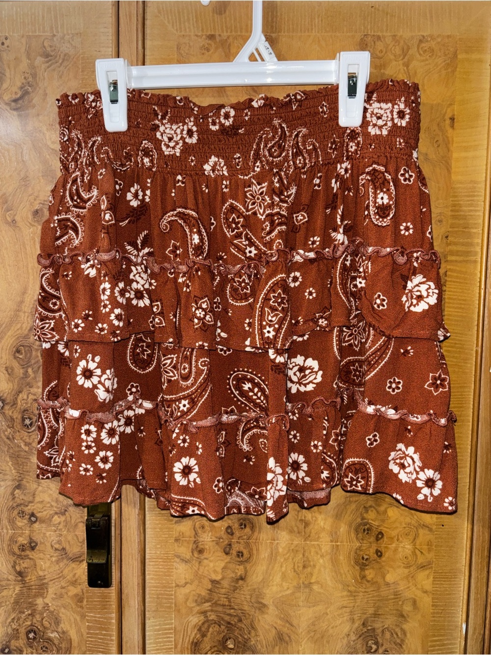 Tiered Ruffle Paisley Mini Skirt - Rust size Medium